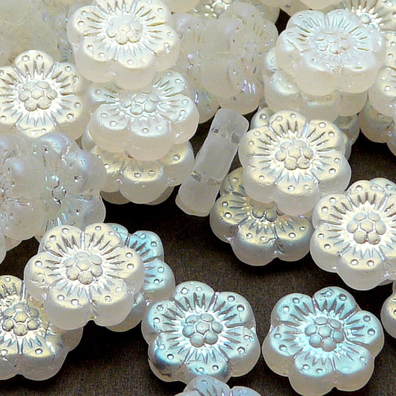 8pcs Czech Pressed Glass Flat Flower Beads 14mm Crystal AB 2-sided Matte