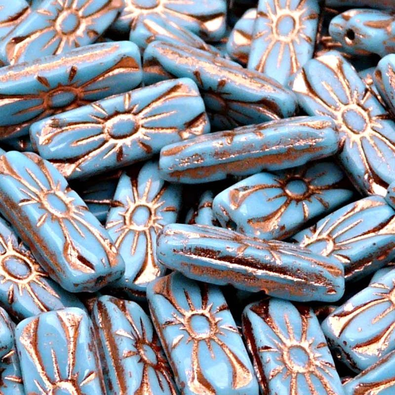 8pcs Czech Pressed Glass Rectangular Beads with Floral Motif 20x8mm Opaque Turquoise Blue Bronze Fired Color