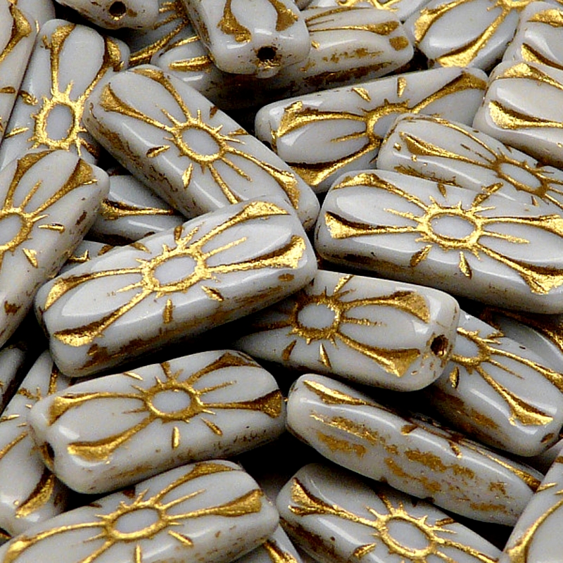 8pcs Czech Pressed Glass Rectangular Beads with Floral Motif 20x8mm Opaque Gray Golden Fired Color
