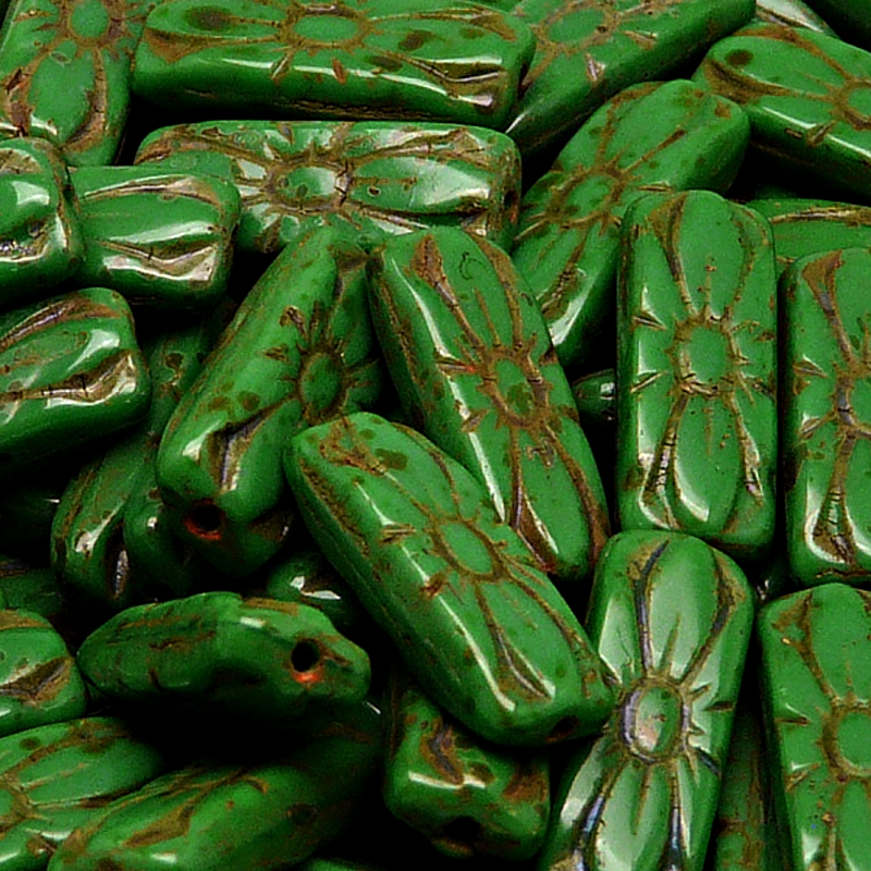 8pcs Czech Pressed Glass Rectangular Beads with Floral Motif 20x8mm Opaque Green Travertin