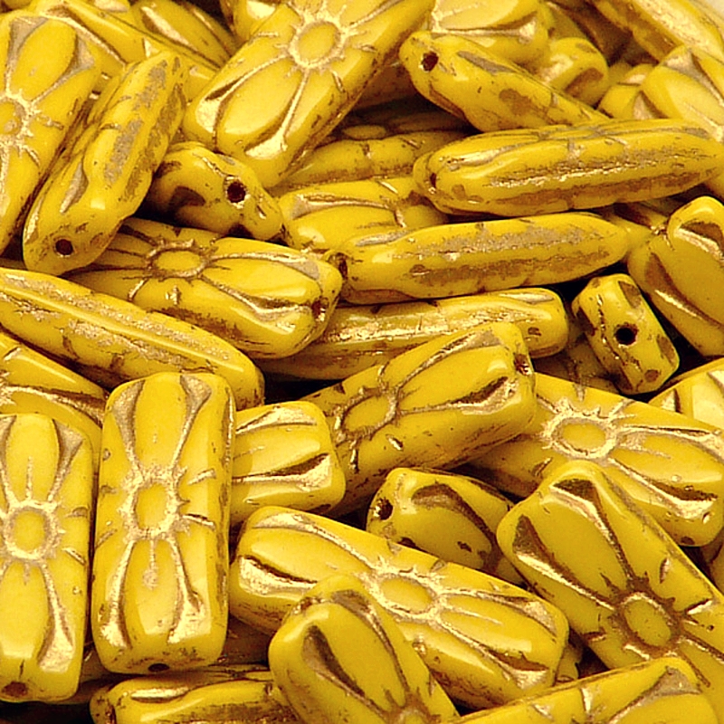 8pcs Czech Pressed Glass Rectangular Beads with Floral Motif 20x8mm Opaque Yellow Bronze Fired Color