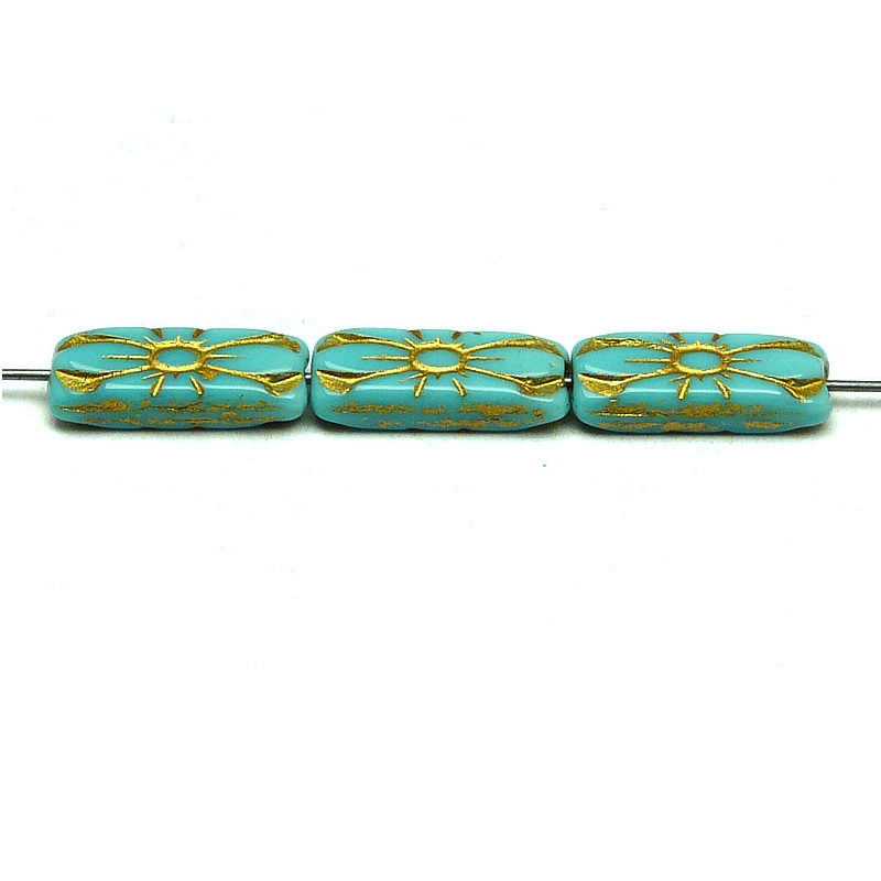 8pcs Czech Pressed Glass Rectangular Beads with Floral Motif 20x8mm Opaque Turquoise Green Golden Fired Color