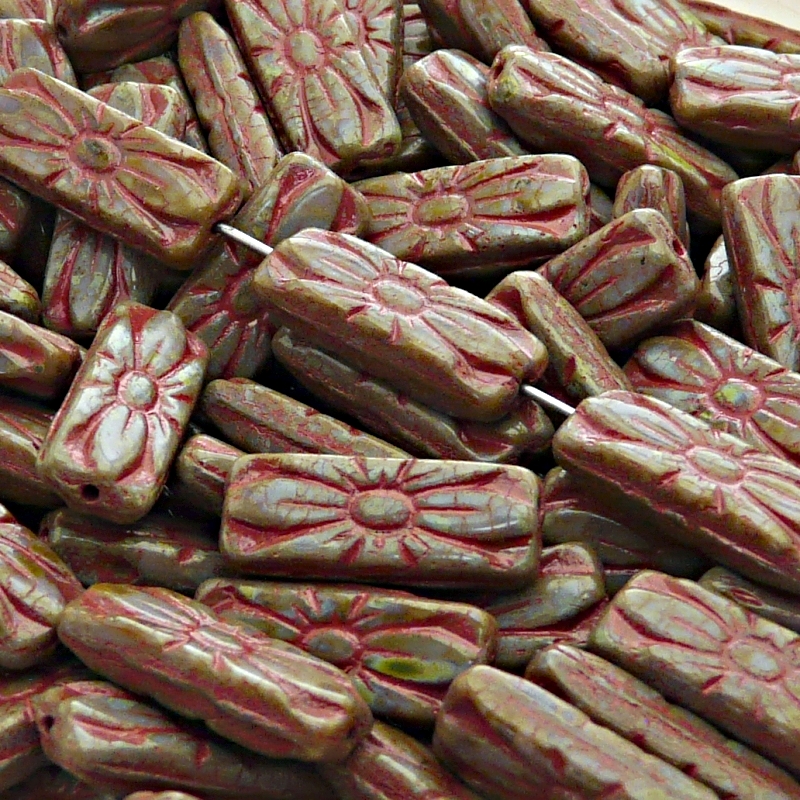 8pcs Czech Pressed Glass Rectangular Beads with Floral Motif 20x8mm Opaque Amethyst Travertin Pink Fired Color