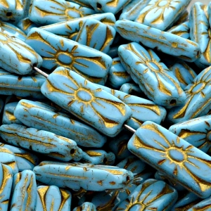 8pcs Czech Pressed Glass Rectangular Beads with Floral Motif 20x8mm Opaque Turquoise Blue Golden Fired Color