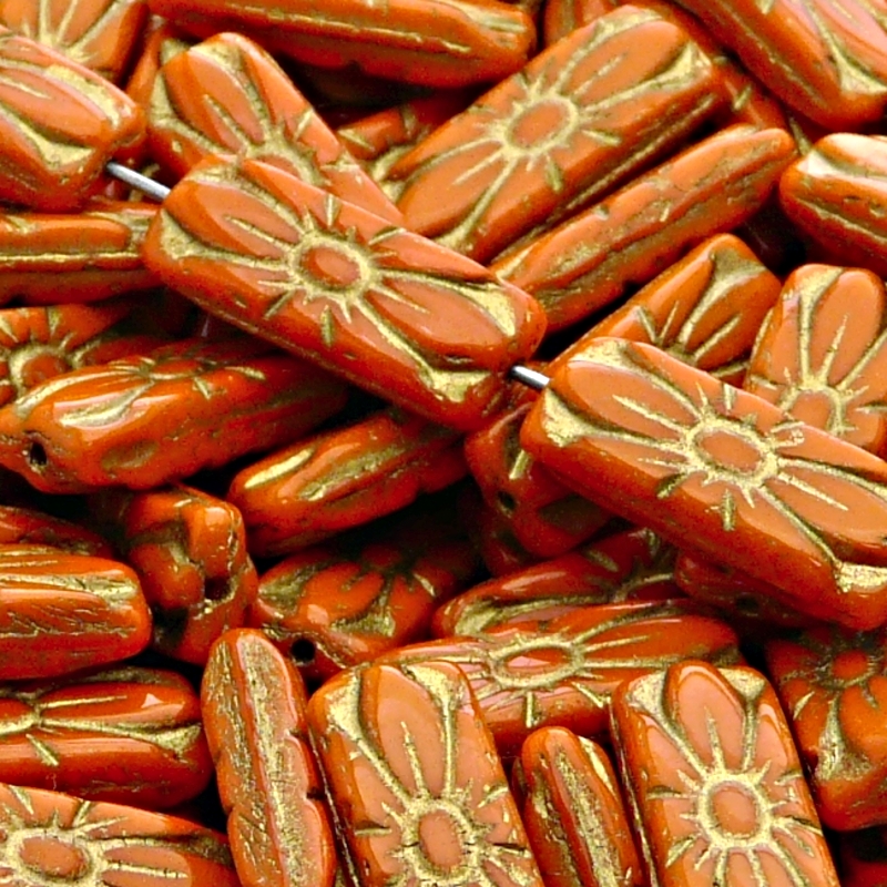 8pcs Czech Pressed Glass Rectangular Beads with Floral Motif 20x8mm Opaque Orange Golden Fired Color