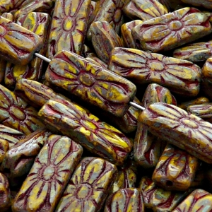 8pcs Czech Pressed Glass Rectangular Beads with Floral Motif 20x8mm Opaque Yellow Travertin Red Fired Color