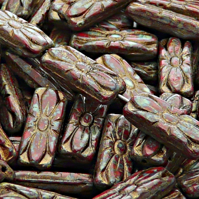 8pcs Czech Pressed Glass Rectangular Beads with Floral Motif 20x8mm Opaque Red Coral Travertin Bronze Fired Color