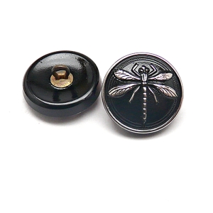 1pcs Czech Handmade Art Glass Button Round 18mm Jet Platinum Dragonfly