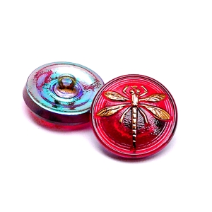 1pcs Czech Handmade Art Glass Button Round 18mm Ruby Gold Dragonfly AB