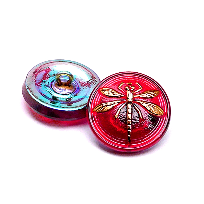 1pcs Czech Handmade Art Glass Button Round 18mm Ruby Gold Dragonfly AB