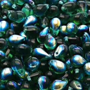 30pcs Czech Pressed Glass Teardrop Beads 6x9mm Emerald AB