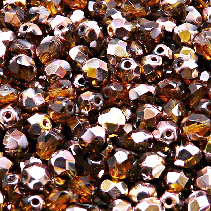 50pcs Czech Fire Polished Faceted Glass Beads Round 6mm Smoked Topaz Gold Capri