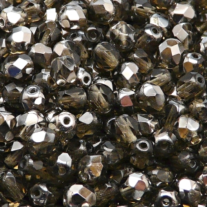 50pcs Czech Fire Polished Faceted Glass Beads Round 6mm Black Diamond Chrome