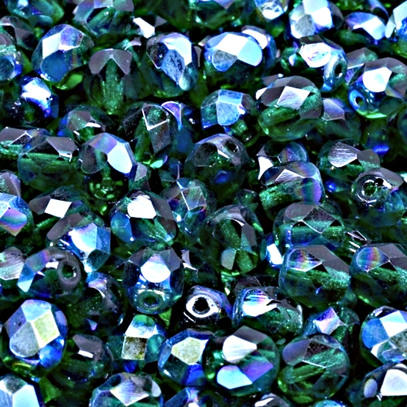 50pcs Czech Fire Polished Faceted Glass Beads Round 6mm Emerald AB