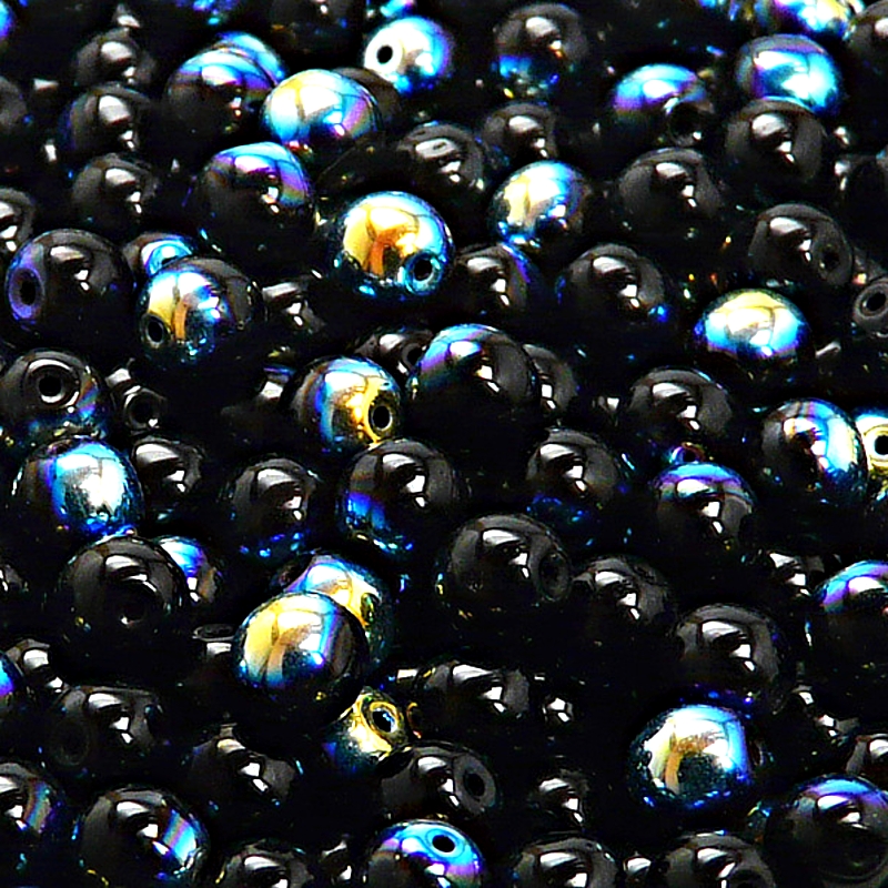 50pcs Czech Pressed Glass Round Beads 6mm Jet AB