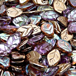 25pcs Czech Pressed Glass Leaf Beads 7x12mm Crystal Copper Rainbow