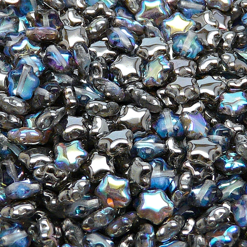 40pcs Czech Pressed Glass Star Beads 6mm Crystal Graphite Rainbow