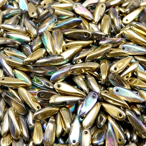 50pcs Czech Pressed Glass Dagger Beads 3x11mm Crystal Golden Rainbow