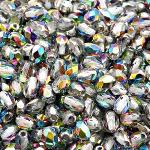 50pcs Czech Fire Polished Faceted Glass Olive Beads 6x4mm Crystal Vitrail