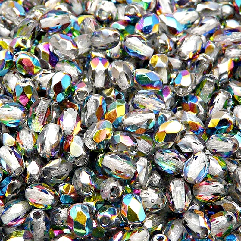 50pcs Czech Fire Polished Faceted Glass Olive Beads 6x4mm Crystal Vitrail