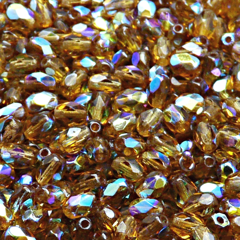 50pcs Czech Fire Polished Faceted Glass Olive Beads 6x4mm Smoked Topaz AB