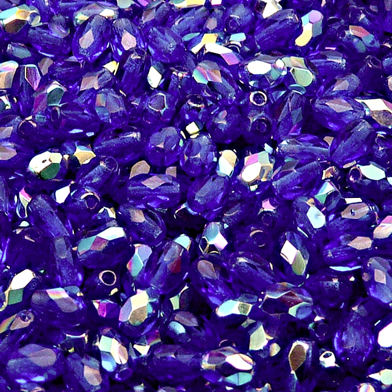 50pcs Czech Fire Polished Faceted Glass Olive Beads 6x4mm Sapphire AB