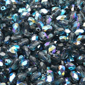 50pcs Czech Fire Polished Faceted Glass Olive Beads 6x4mm Montana Sapphire AB