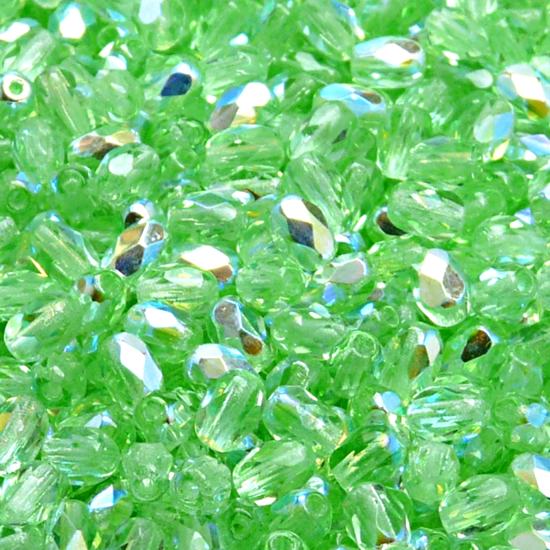 50pcs Czech Fire Polished Faceted Glass Olive Beads 6x4mm Green Peridot AB