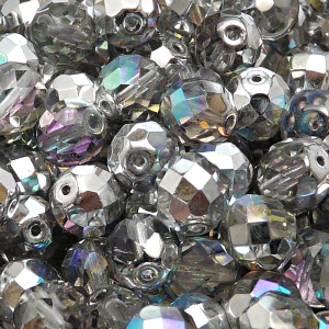 10pcs Czech Fire Polished Faceted Glass Beads Round 10mm Crystal Silver Rainbow