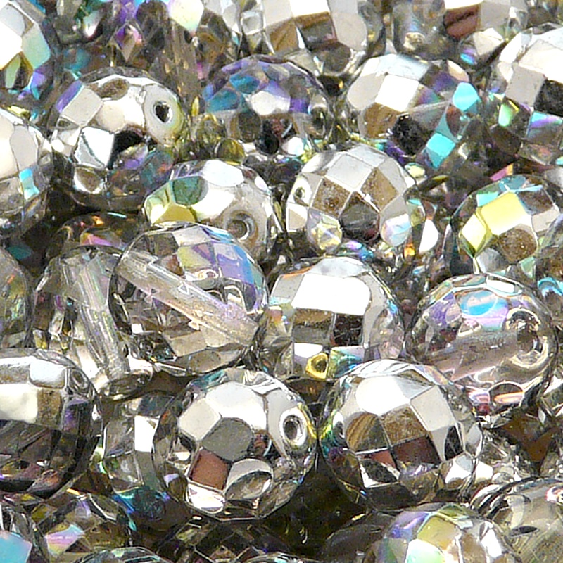 8pcs Czech Fire Polished Faceted Glass Beads Round 12mm Crystal Silver Rainbow