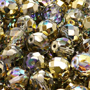 8pcs Czech Fire Polished Faceted Glass Beads Round 12mm Crystal Golden Rainbow