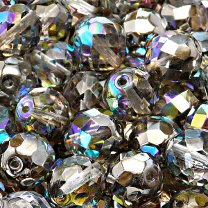 8pcs Czech Fire Polished Faceted Glass Beads Round 12mm Crystal Graphite Rainbow