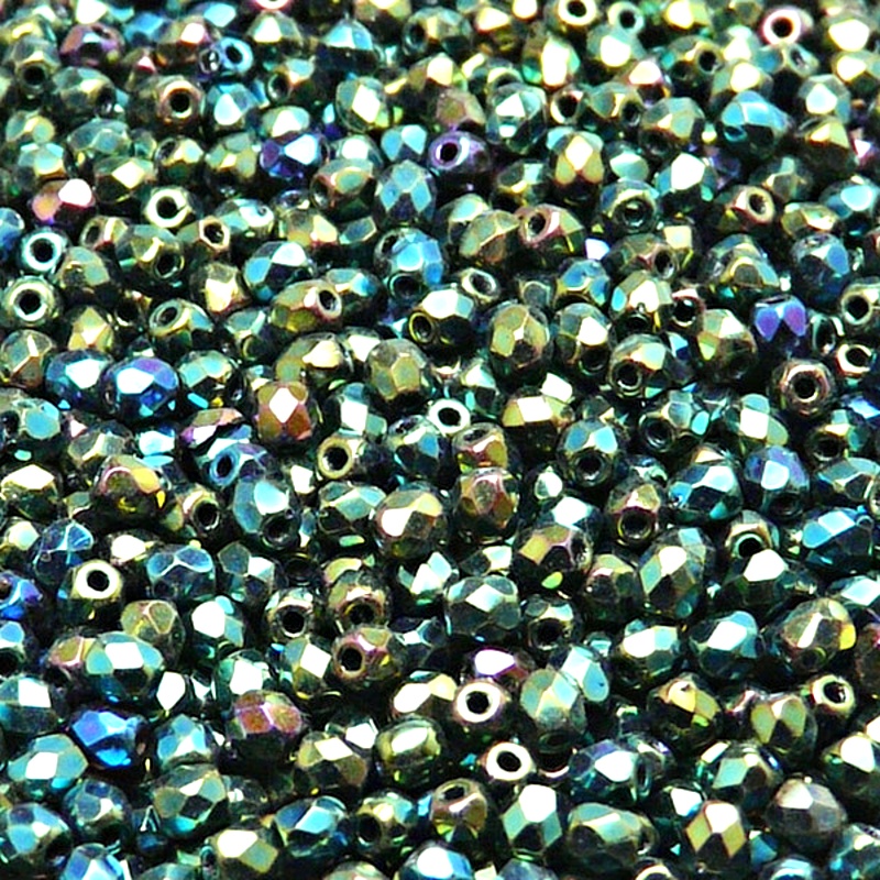 100pcs Czech Fire Polished Faceted Glass Beads Round 3mm Jet Green Iris