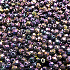 100pcs Czech Fire Polished Faceted Glass Beads Round 3mm Jet Red Iris