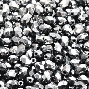 50pcs Czech Fire Polished Faceted Glass Olive Beads 6x4mm Jet Hematite