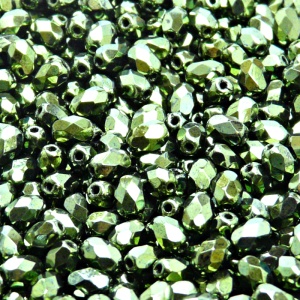 50pcs Czech Fire Polished Faceted Glass Olive Beads 6x4mm Jet Green Look