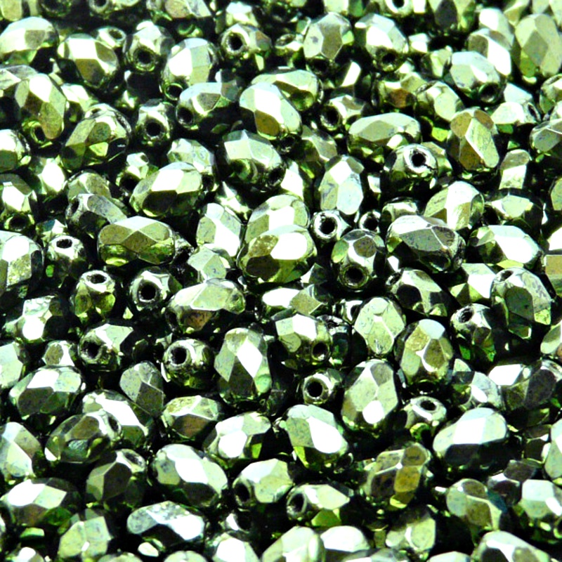 50pcs Czech Fire Polished Faceted Glass Olive Beads 6x4mm Jet Green Look
