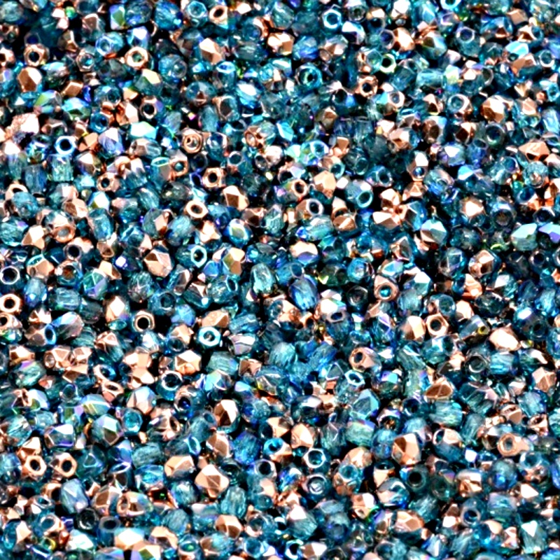 100pcs Czech Fire Polished Faceted Glass Beads Round 2mm Light Aquamarine Copper Rainbow