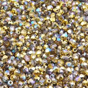 100pcs Czech Fire Polished Faceted Glass Beads Round 3mm Crystal Golden Rainbow