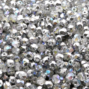 100pcs Czech Fire Polished Faceted Glass Beads Round 4mm Crystal Silver Rainbow