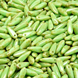 50pcs Czech Pressed Glass Dagger Beads 3x11mm Opaque Light Green Travertin