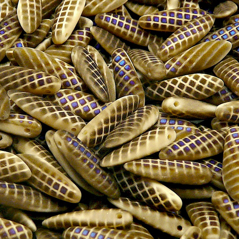 20pcs Czech Pressed Glass Dagger Beads 5x16mm Opaque Beige Azuro Grille Matte