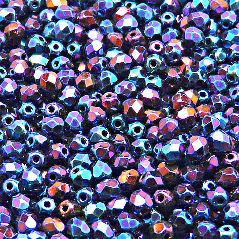 100pcs Czech Fire Polished Faceted Glass Beads Round 4mm Jet Blue Iris