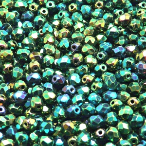 100pcs Czech Fire Polished Faceted Glass Beads Round 4mm Jet Green Iris