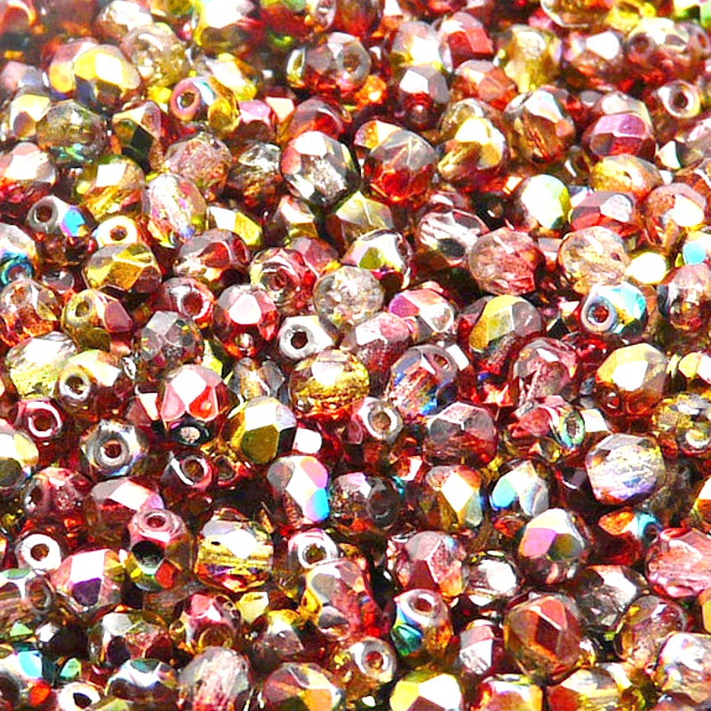 100pcs Czech Fire Polished Faceted Glass Beads Round 4mm Crystal Red Yellow Magic