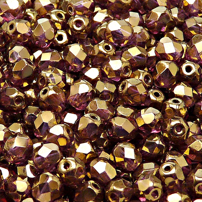 50pcs Czech Fire Polished Faceted Glass Beads Round 6mm Crystal Violet Gold Luster