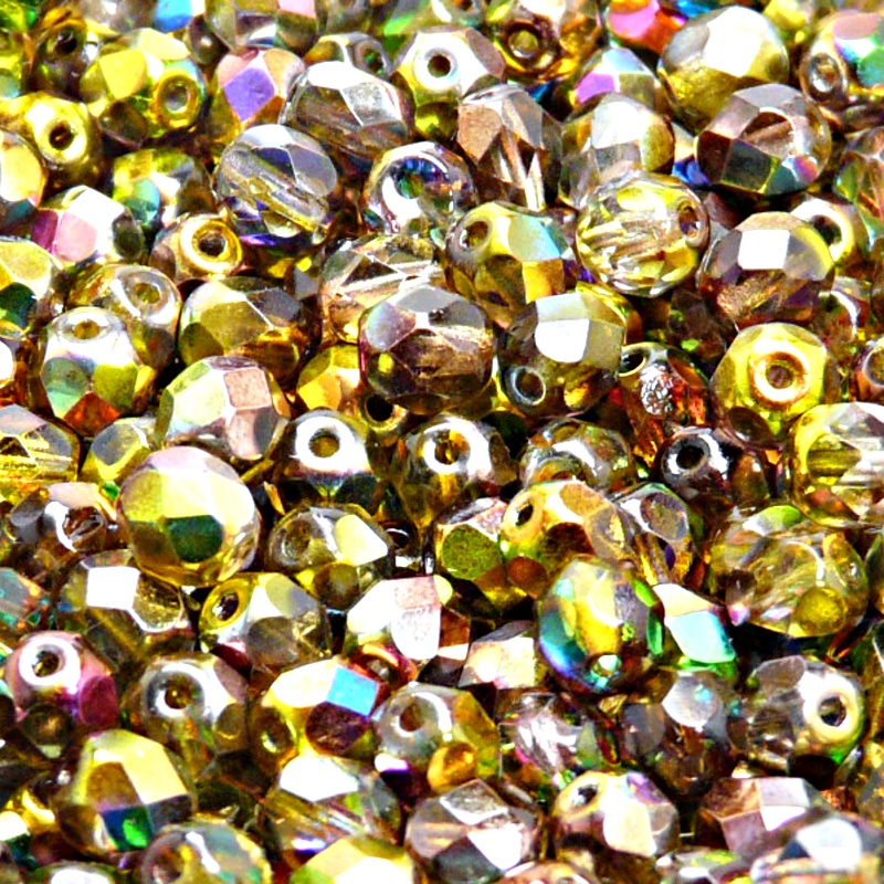 50pcs Czech Fire Polished Faceted Glass Beads Round 6mm Crystal Yellow Brown Magic