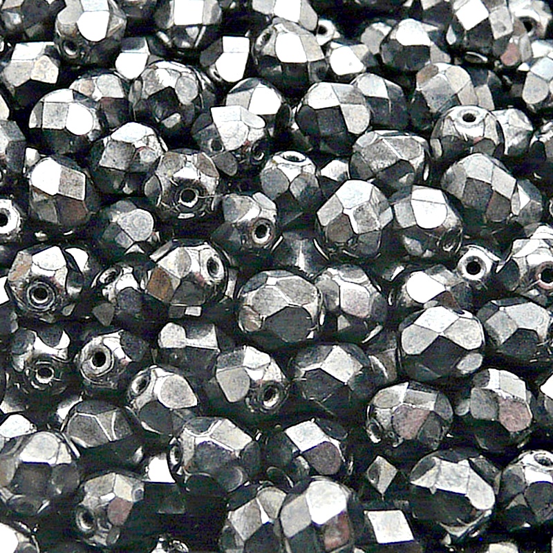 50pcs Czech Fire Polished Faceted Glass Beads Round 6mm Jet Hematite