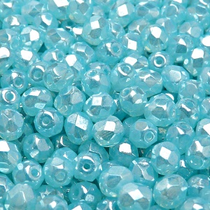 50pcs Czech Fire Polished Faceted Glass Beads Round 6mm Aqua Opal White Luster
