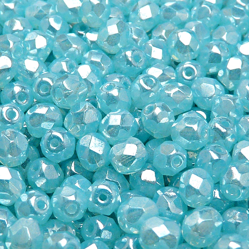 50pcs Czech Fire Polished Faceted Glass Beads Round 6mm Aqua Opal White Luster